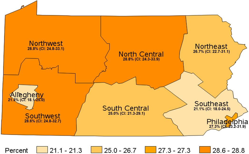 Participated in No Physical Activity in the Past Month, Pennsylvania Health Districts, 2017